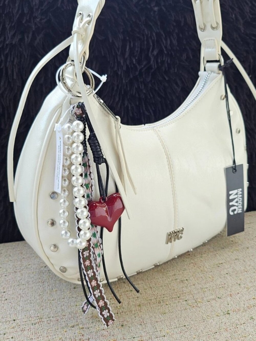 Madden NYS Women Handbag White Faux Laether Purse W/ Charms Stud Bag NWT